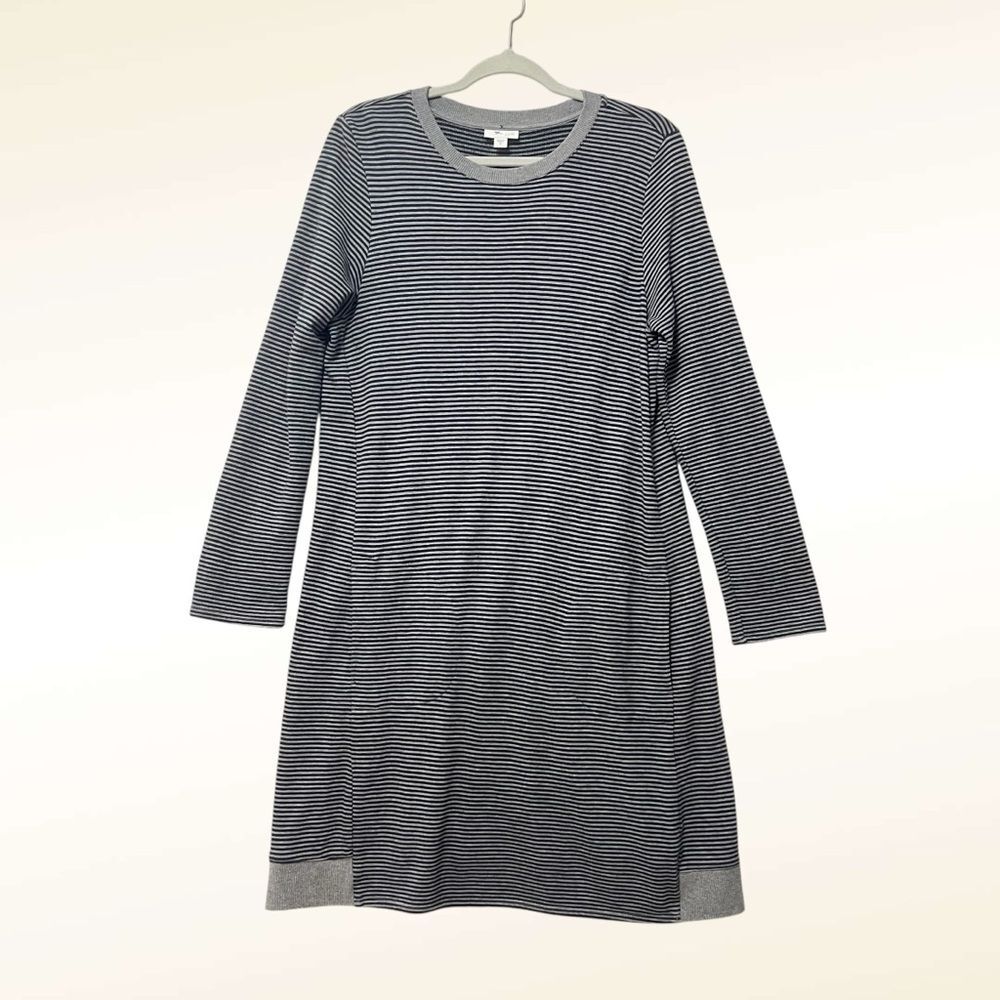 J. Jill Striped French Terry Midi Dress Size Medium Black Gray Long Sleeve